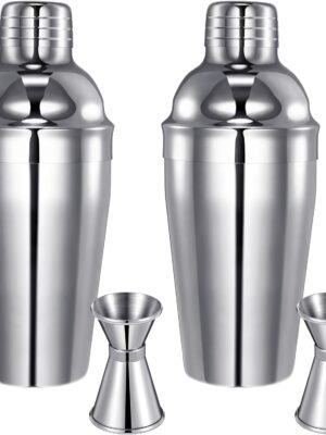 Cocktail Shaker Set Martini Shaker Bulk Stainless Steel Martini Mixer with Strainer and Double Measuring Jigger for Bar Party Home Use Wine Bar(18 Oz/ 550 ml,2 Packs)