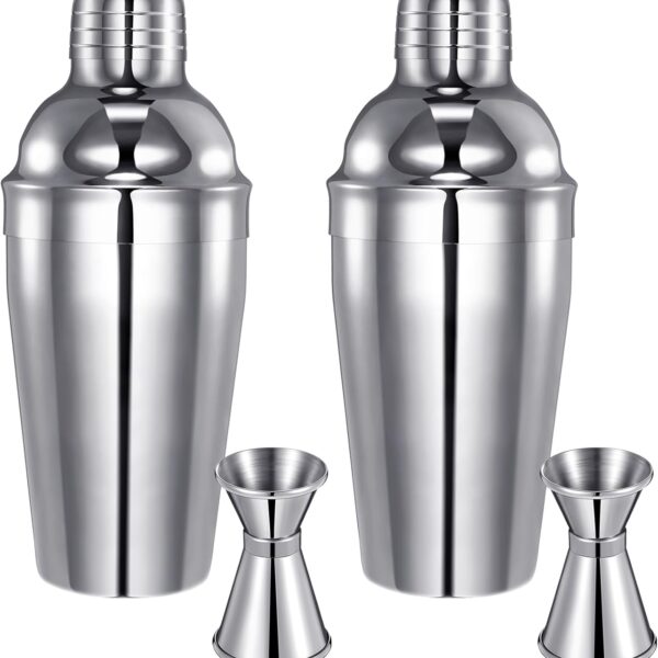 Cocktail Shaker Set Martini Shaker Bulk Stainless Steel Martini Mixer with Strainer and Double Measuring Jigger for Bar Party Home Use Wine Bar(18 Oz/ 550 ml,2 Packs)