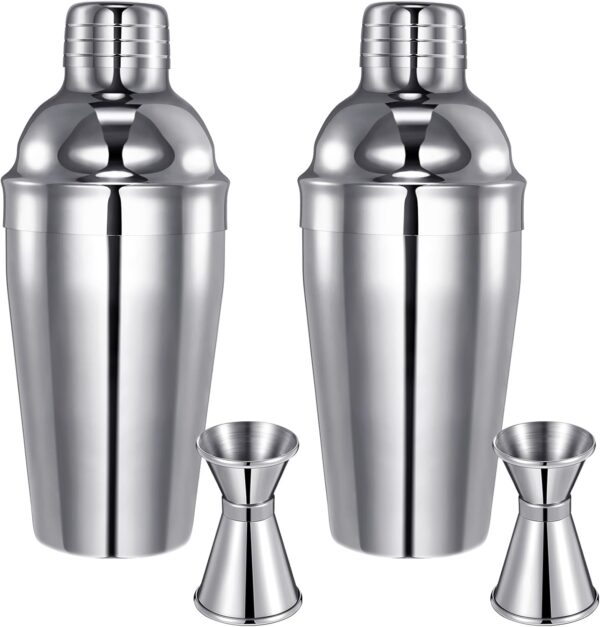 Cocktail Shaker Set Martini Shaker Bulk Stainless Steel Martini Mixer with Strainer and Double Measuring Jigger for Bar Party Home Use Wine Bar(18 Oz/ 550 ml,2 Packs)