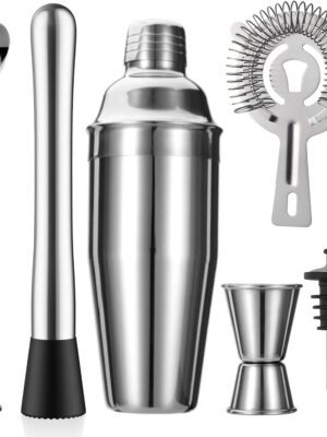 6-Piece Cocktail Shaker Set 24oz Shaker Strainer Muddler Jigger Mixing Spoon Pour Spout Bartender Kit Stainless Steel Bar Set Housewarming Gift