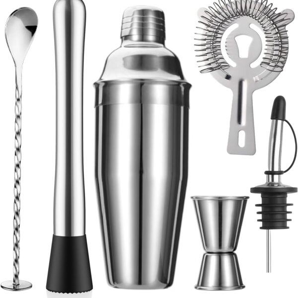 6-Piece Cocktail Shaker Set 24oz Shaker Strainer Muddler Jigger Mixing Spoon Pour Spout Bartender Kit Stainless Steel Bar Set Housewarming Gift