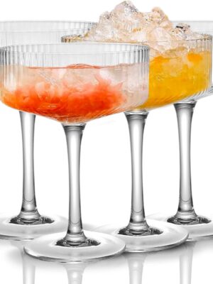 4 Pcs Ribbed Glasses, 10 oz Vintage Glass Set, Unique Martini Glass, Classic Cocktail Galssware, Bar Drinking Glasses Set Pefect for Cocktail, Wine, Champagne & Gift