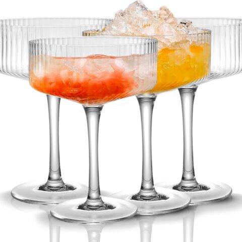 4 Pcs Ribbed Glasses, 10 oz Vintage Glass Set, Unique Martini Glass, Classic Cocktail Galssware, Bar Drinking Glasses Set Pefect for Cocktail, Wine, Champagne & Gift