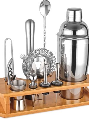 Cocktail Shaker Set Bartender Kit : 12-Piece Bar Tool Set with Bamboo Stand | Bar Set with All Practical Bar Accessories, for Drink Mixing, Bar, Home, Lounge & Party (Silver)