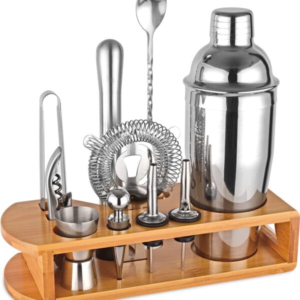 Cocktail Shaker Set Bartender Kit : 12-Piece Bar Tool Set with Bamboo Stand | Bar Set with All Practical Bar Accessories, for Drink Mixing, Bar, Home, Lounge & Party (Silver)