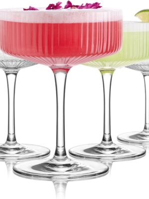 Glasses Set of 4, 10oz Crystal Ribbed Martini Glasses, Vintage Cocktail Glass, Hand Blown for Espresso Martini, Margarita, Home Bar &Gift,Glassware