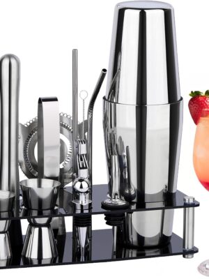 Cocktail Shaker Set Bartender Kit : 15-Piece Bar Tool Set with Acrylic Stand Bars Set with All Practical Bar Accessories, for Drink Mixing, Bar, Home, Lounge & Party, Silver