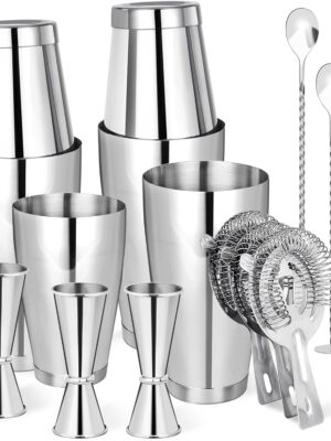 Cocktail Shaker Boston Shaker Set 15 Pcs Professional Bartender Kit Bar Shaker Stainless Steel Drink Shaker Bartending Martini Shaker Tin Mixed Alcohol Shaker Tool for Beginner(Silver)
