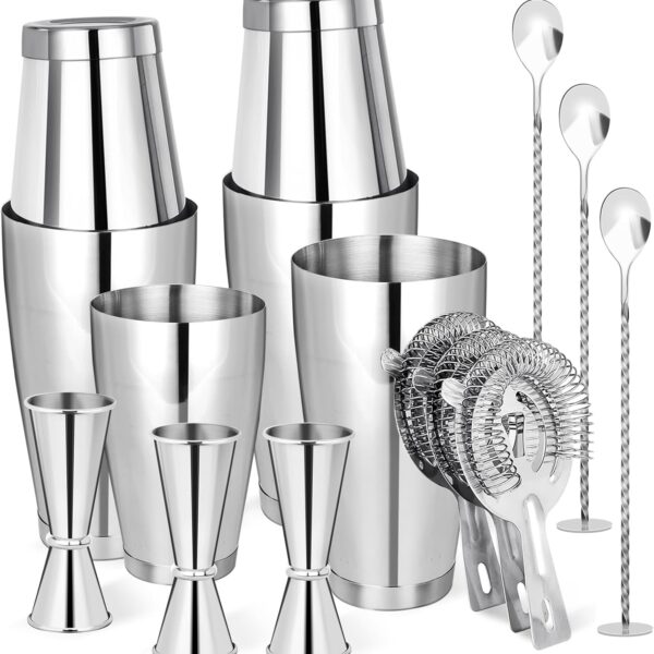 Cocktail Shaker Boston Shaker Set 15 Pcs Professional Bartender Kit Bar Shaker Stainless Steel Drink Shaker Bartending Martini Shaker Tin Mixed Alcohol Shaker Tool for Beginner(Silver)
