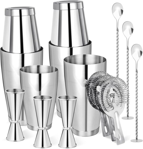 Cocktail Shaker Boston Shaker Set 15 Pcs Professional Bartender Kit Bar Shaker Stainless Steel Drink Shaker Bartending Martini Shaker Tin Mixed Alcohol Shaker Tool for Beginner(Silver)