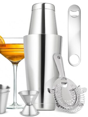 Mixology Bartender Cocktail Shaker Set - Includes 15 & 30 oz Stainless Steel Shakers, 6 Bottle Pourers & More - Essential Martini Making Kit - Drink Mixing Set - 15 Piece Cocktail Bar Set
