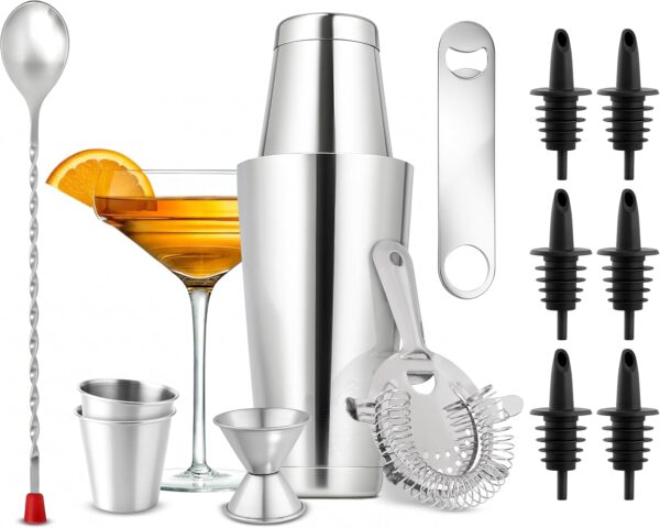 Mixology Bartender Cocktail Shaker Set - Includes 15 & 30 oz Stainless Steel Shakers, 6 Bottle Pourers & More - Essential Martini Making Kit - Drink Mixing Set - 15 Piece Cocktail Bar Set
