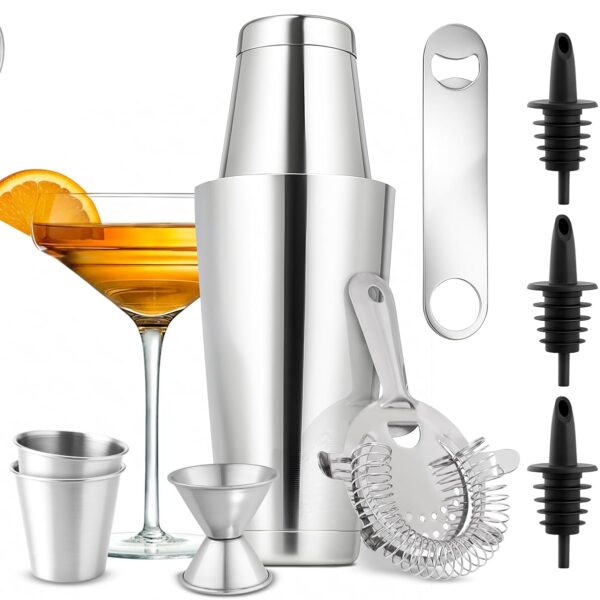 Mixology Bartender Cocktail Shaker Set - Includes 15 & 30 oz Stainless Steel Shakers, 6 Bottle Pourers & More - Essential Martini Making Kit - Drink Mixing Set - 15 Piece Cocktail Bar Set