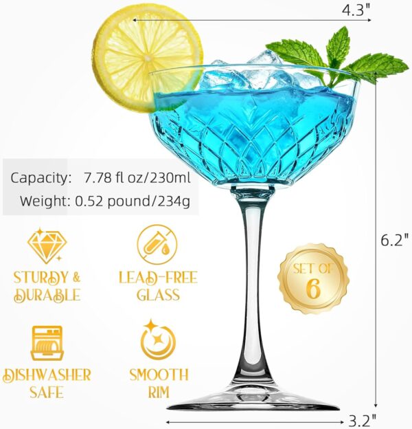 Glasses Set of 6, Diamond Style Classic Crystal Glass Martini Glasses, Clear Hand Blown Cocktail Glasses for Drink, Martini, Espresso Martini, Home Bar