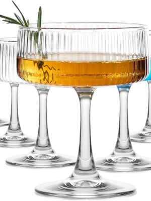 Glasses Set of 6, Ribbed Large Martini Glass, 10oz Vintage Cocktail Glasses for Espresso Martini, Manhattan, Margarita, Pisco Sour, Home Bar