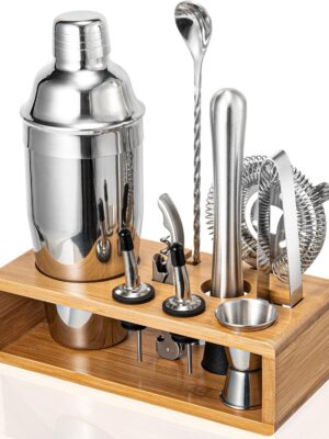 Cocktail Shaker Set, 18/8 Food-Grade Stainless Steel Mixology Bartender Kit 10-Piece Bar Tools with Stylish Bamboo Stand - Rust-Proof & Dishwasher Safe - Professional Martini Shaker Gift for Men, Dad