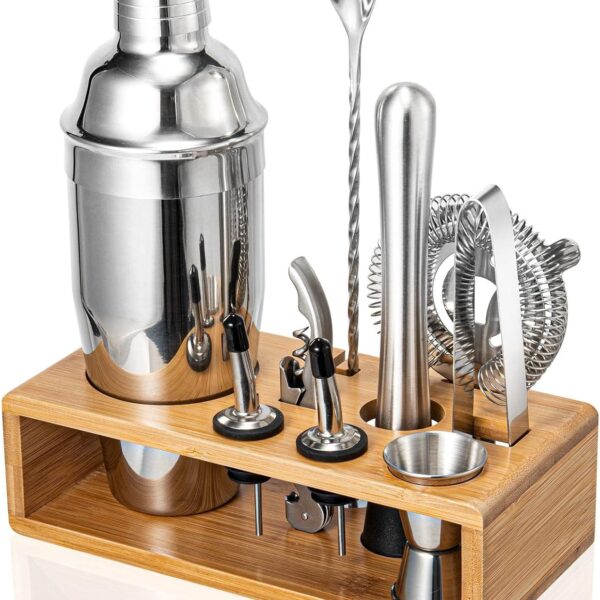 Cocktail Shaker Set, 18/8 Food-Grade Stainless Steel Mixology Bartender Kit 10-Piece Bar Tools with Stylish Bamboo Stand - Rust-Proof & Dishwasher Safe - Professional Martini Shaker Gift for Men, Dad