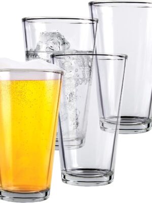 Pint Beer Glasses Set of 4 – 16 oz Tall Clear Drinking Glasses and All Purpose Tumblers – Heavy Base Cocktail, Water, Juice Glass – Pub Style Design For Home Dining, Bars, and Parties