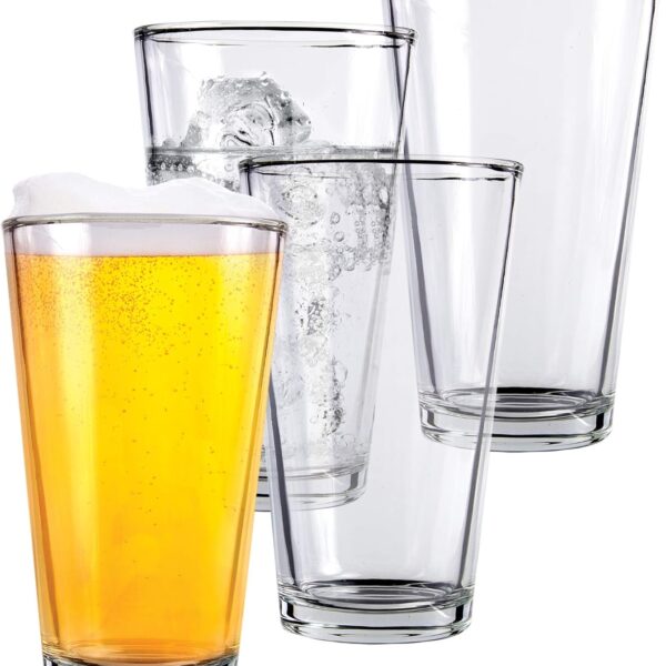 Pint Beer Glasses Set of 4 – 16 oz Tall Clear Drinking Glasses and All Purpose Tumblers – Heavy Base Cocktail, Water, Juice Glass – Pub Style Design For Home Dining, Bars, and Parties